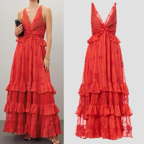 Sabina Musayev Dresses & Skirts - $725 Sabina Musayev Coral Camellia V-Neck Tiered Maxi Gown w/ Floral Chiffon MED